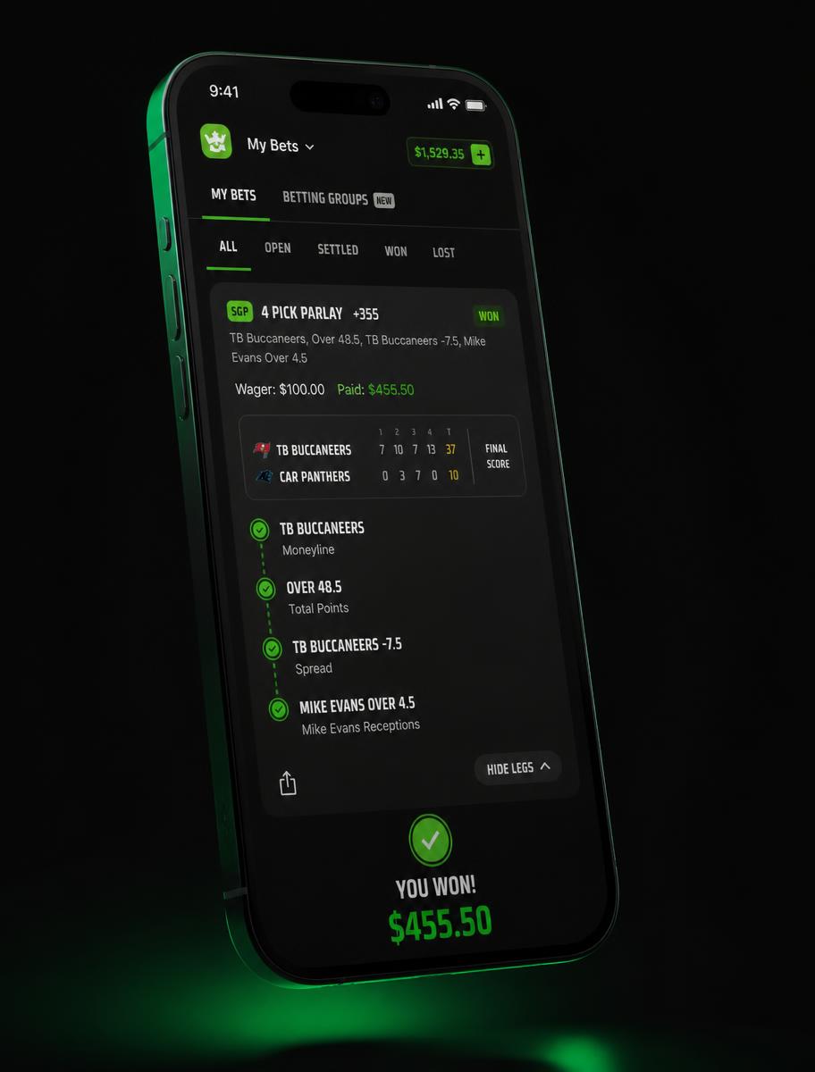 Phone showing a winning virtual football ticket with AI-selected picks